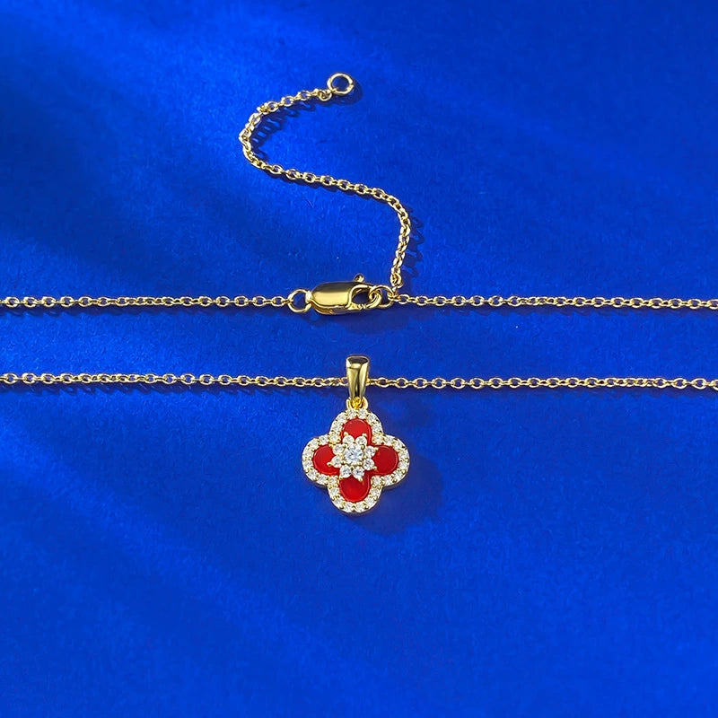 Ricady Jewel S925 Silver Clover Red Agate Necklace - Adjustable, Office Style