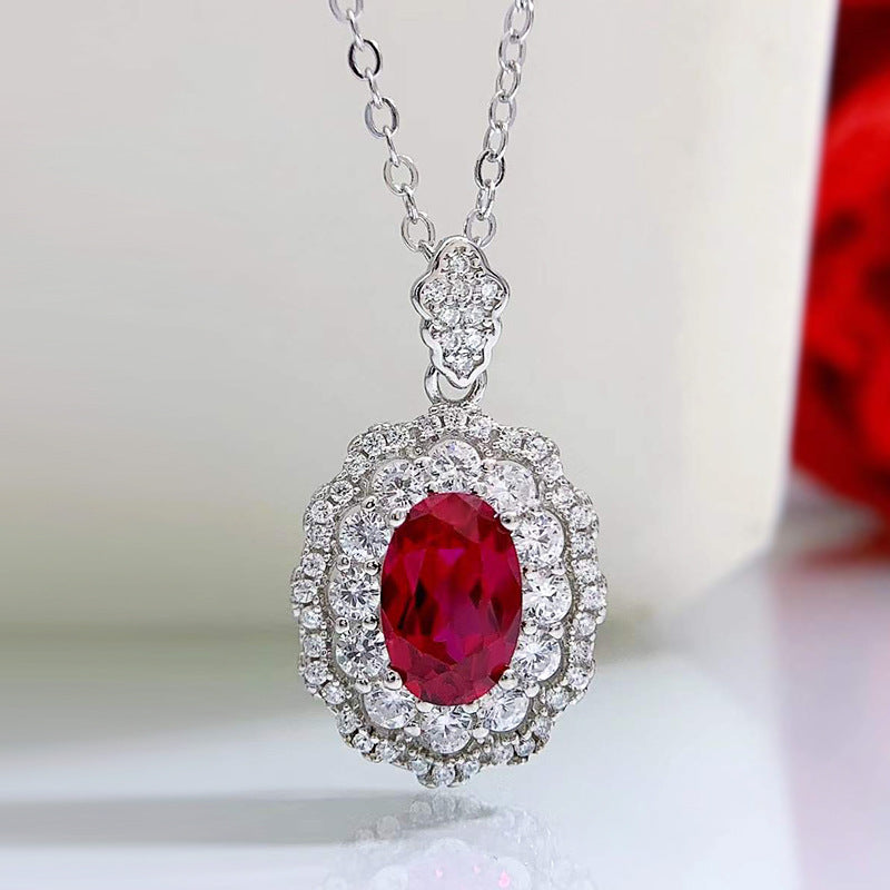 S925 Silver Simulated Ruby Necklace | 7x9mm Oval | Ins Style