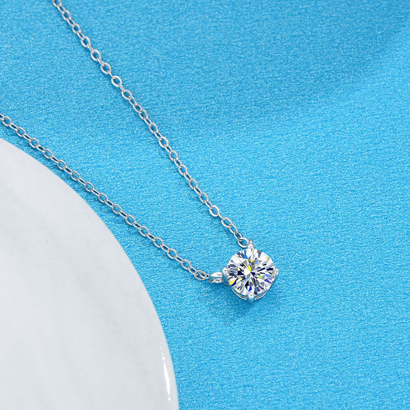 Ricady Jewel S925 Sterling Silver Classic 4-Prong Moissanite Necklace - Women's Minimalist Niche Design Light Luxury Single Pendant Clavicle Chain
