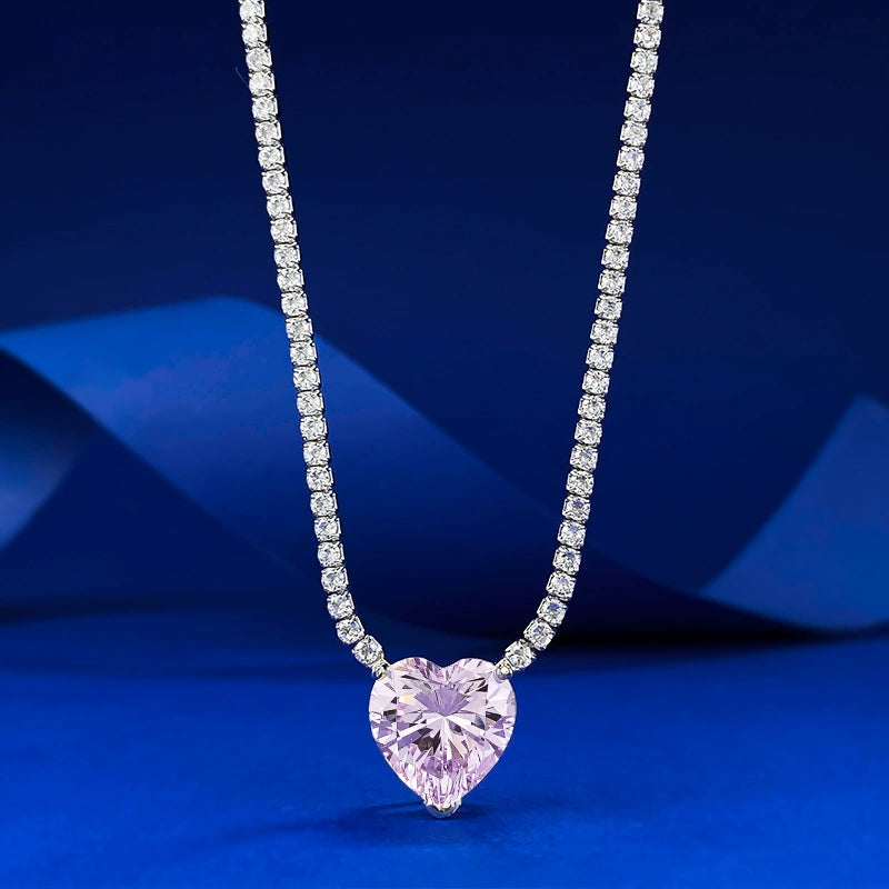 S925 Sterling Silver Pave Pink Stone Heart Necklace for Women