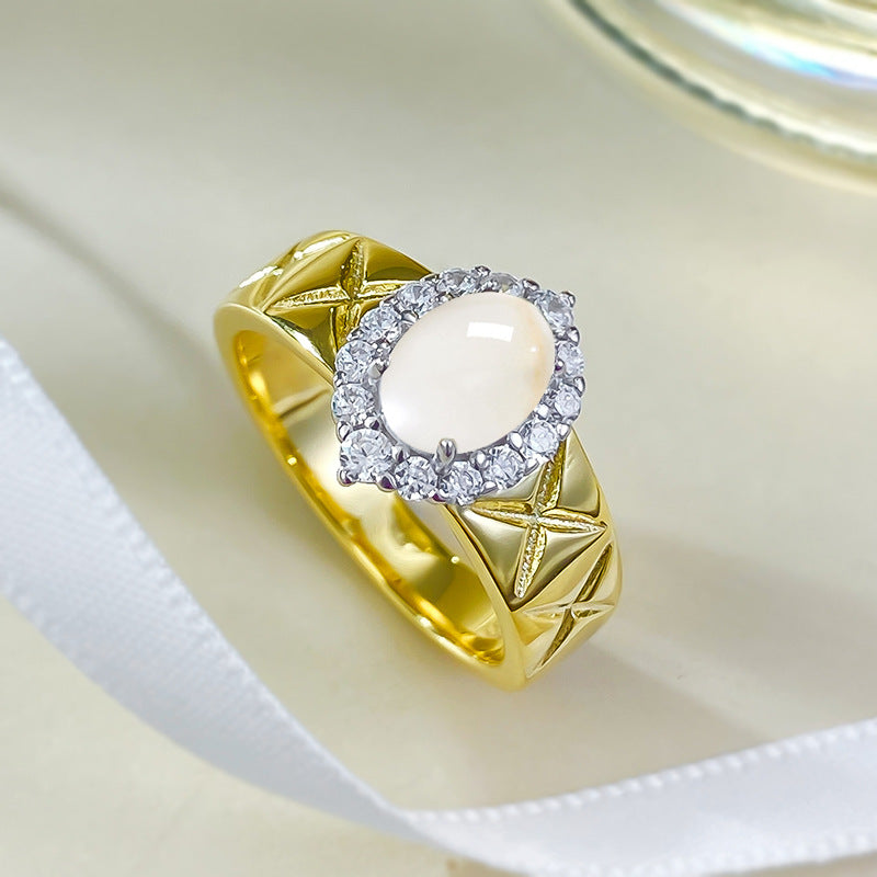 925 Silver Gold-Plated 5*7mm High Ice Jade Cabochon Ring - New Chinese Aesthetic