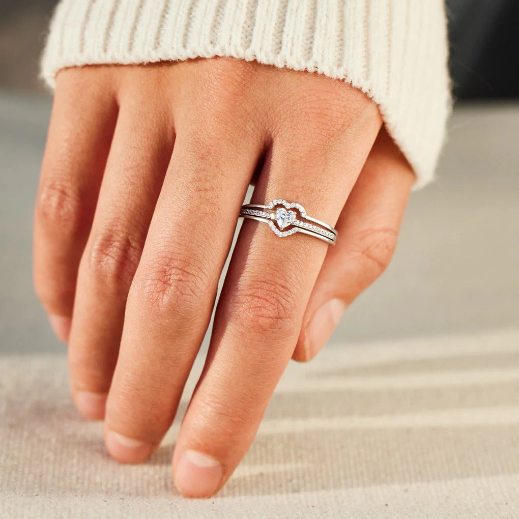 Mother-Daughter Layered Heart Micro-Pavé Zircon Ring