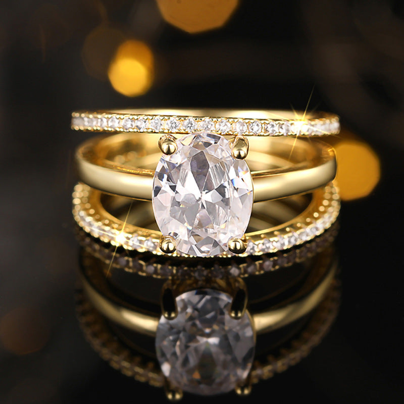 Ricady Jewel 3-Piece Stackable Oval Zircon Ring Set - 4-Prong Wedding Design