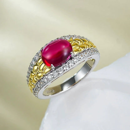 925 Silver Gold-Plated Pigeon Blood Ring | 6*8mm Cabochon, Old Money Vibe