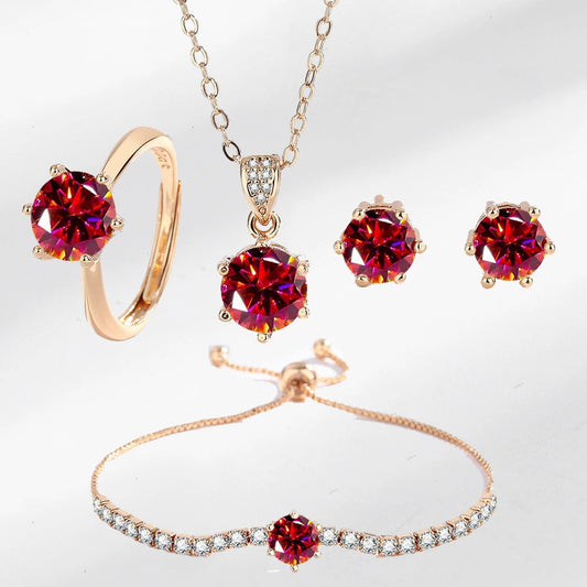 Sparkling Classic 6-Claw Garnet Red 4-Piece Jewelry Set: Bracelet, Earrings, Ring, Necklace