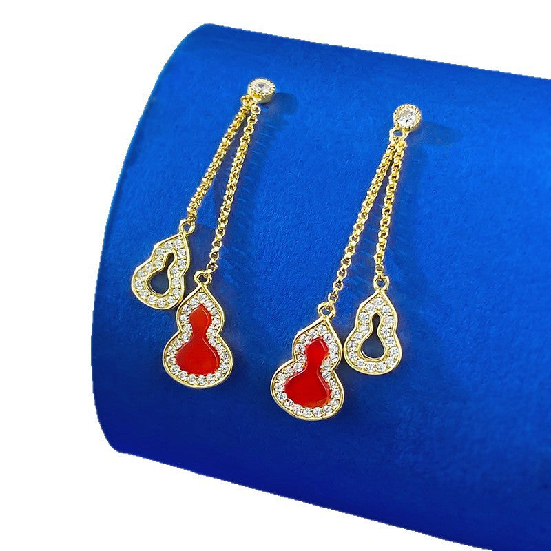 S925 Silver Red Agate Gourd Tassel Earrings - Fashion Versatile Office Style