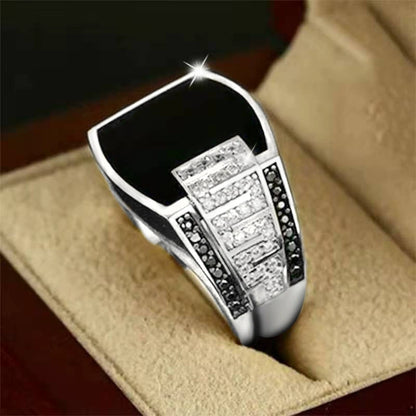 Hip-Hop Style Men's Black Diamond Ring – Enamel & Cubic Zirconia Statement Jewelry for Men
