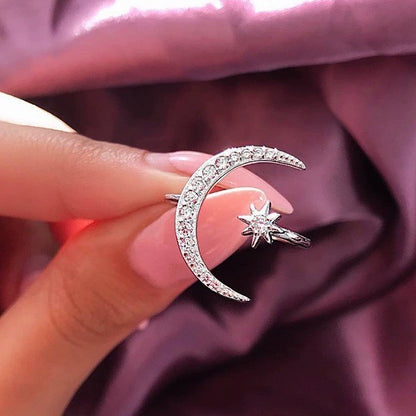 Ricady Jewel Crescent Moon & Star Ring - Light Luxury Open Engagement Band