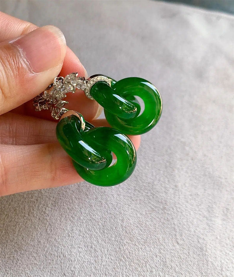 Vintage S925 Sterling Silver Natural Hetian Jade Bangle-Linked Stud Earrings | Peace Buckle Double Ring Jewelry