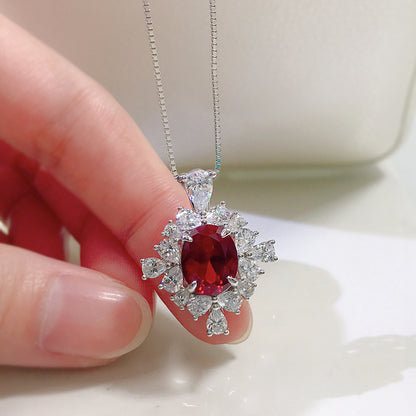 925 Sterling Silver Pigeon Blood Ruby Necklace - 8x10mm Oval Halo, Vintage Style