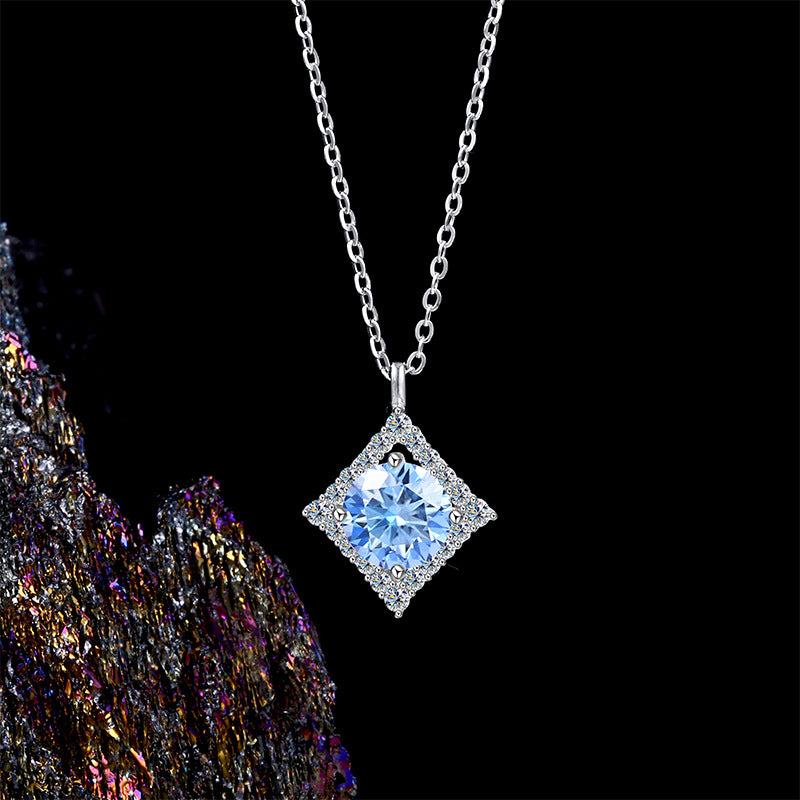 S925 Silver Sapphire Rhombus Moissanite Pendant Necklace - Elegant Clavicle Chain