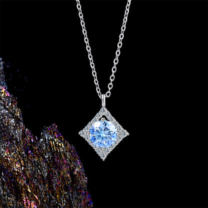 S925 Silver Sapphire Rhombus Moissanite Pendant Necklace - Elegant Clavicle Chain