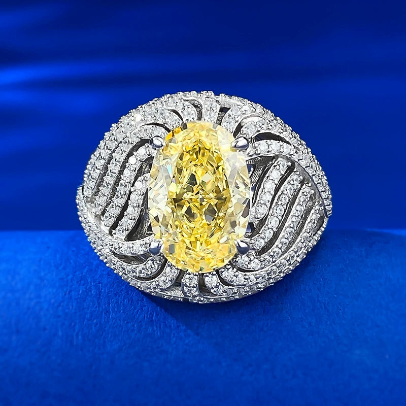 925 Silver 8x12mm Vibrant Yellow CZ Ring - Egg Shape, Ice Flower Cut, Niche Style