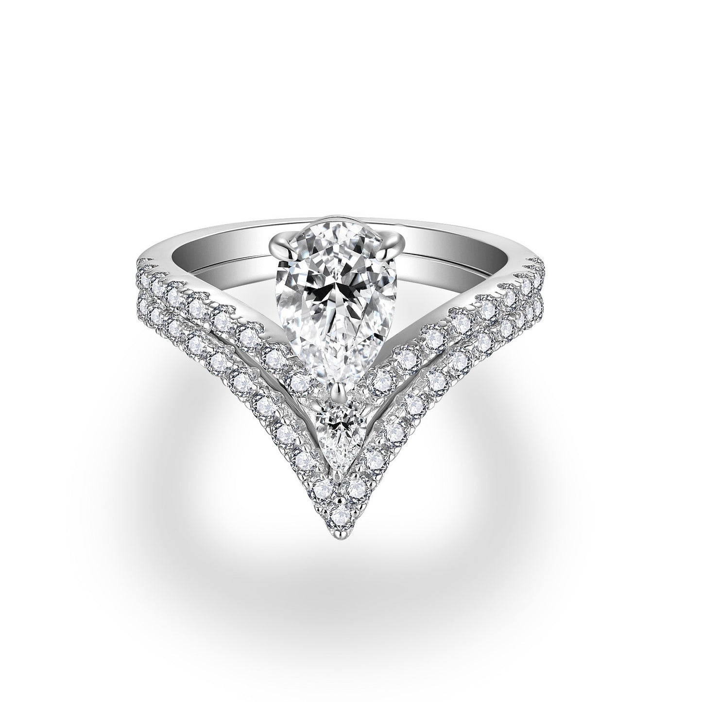 Pear Moissanite Ring with Chevron Pavé Band in White Gold Plated Silver
