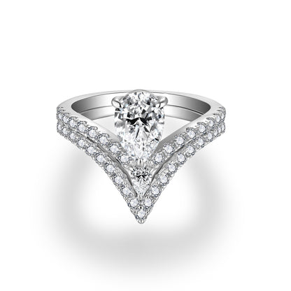 Pear Moissanite Ring with Chevron Pavé Band in White Gold Plated Silver