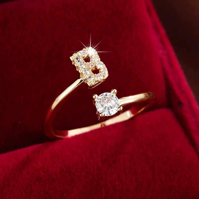 26 Letter Micro-Pave Zircon Ring for Women - 14K Gold Plated Copper Open Plain Band
