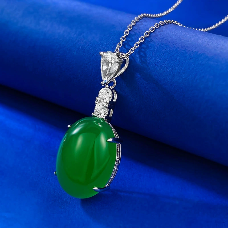 S925 Silver Inlaid Emerald Green Jade Pendant Necklace | Adjustable