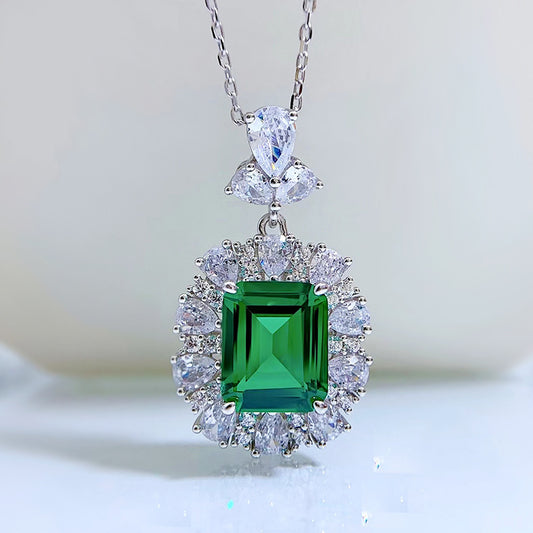 925 Sterling Silver Necklace for Women, Retro Style, 4CT Nano Green Stone Pendant (9*11mm)