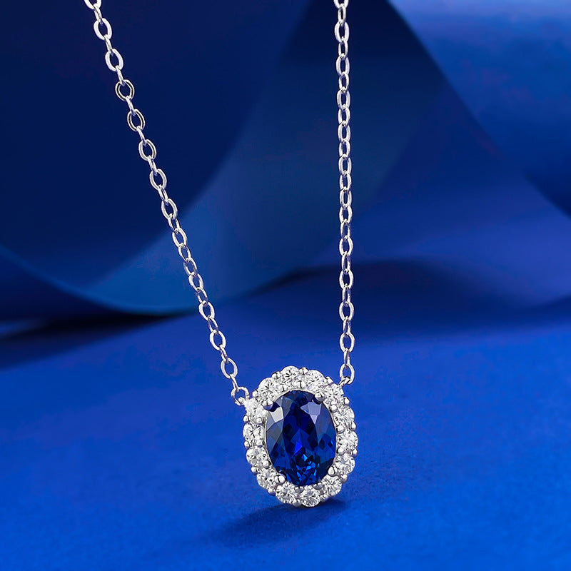925 Silver Necklace with Blue Corundum Oval Pendant | Elegant European & American Style (40+5cm)