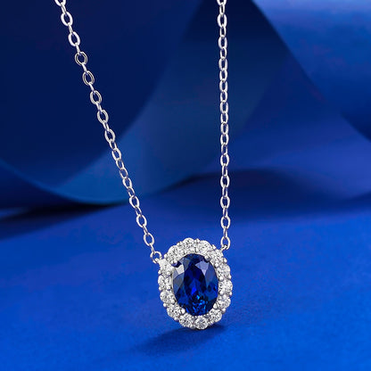 925 Silver Necklace with Blue Corundum Oval Pendant | Elegant European & American Style (40+5cm)