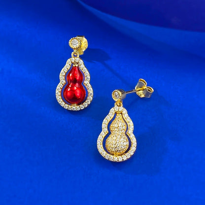 S925 Silver Red Gold Two-Tone Rotatable Double-Sided Gourd Earrings for Women | Luxury Retro Design
