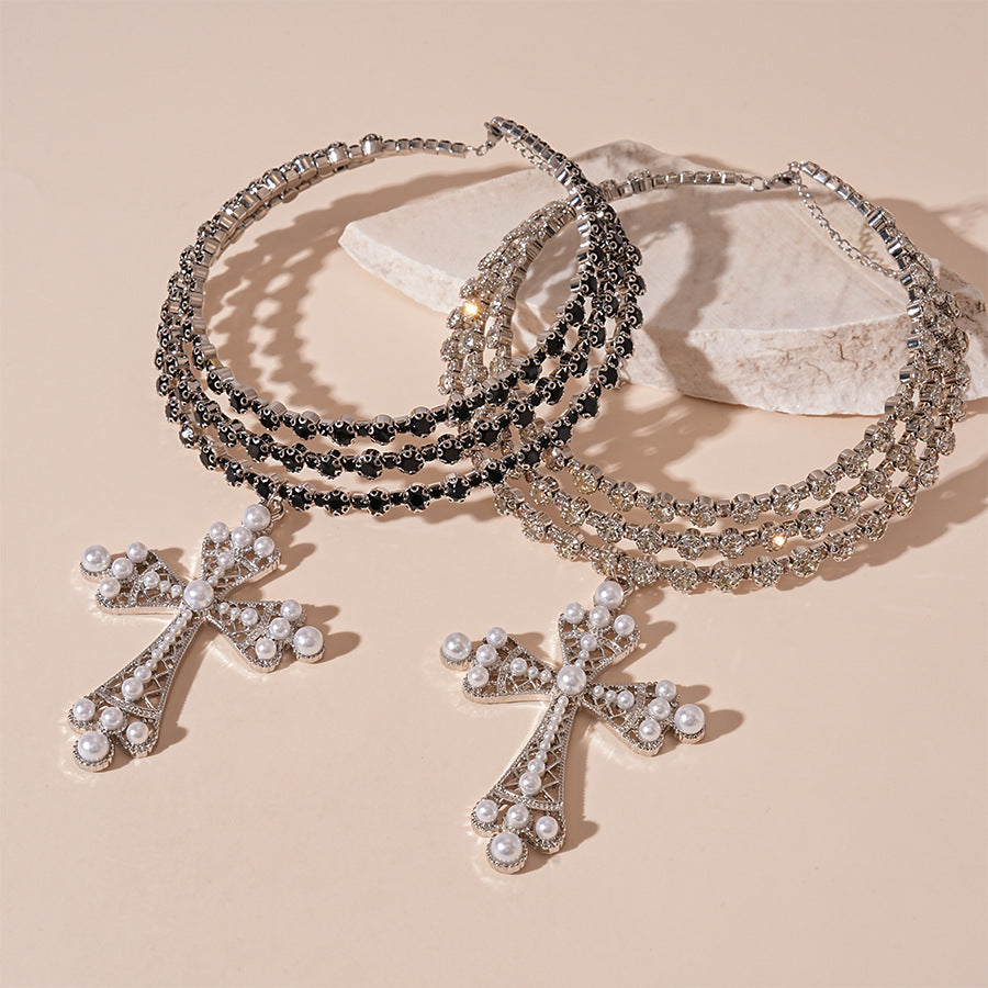 Layered Pearl Cross Necklace with Rhinestones - European Fashion