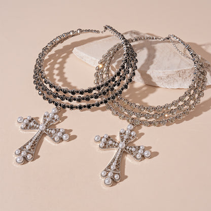 Layered Pearl Cross Necklace with Rhinestones - European Fashion