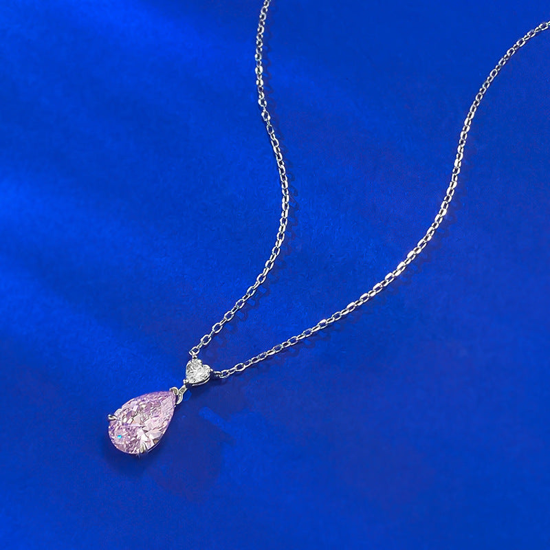 S925 Silver Pink Diamond Pear-Shaped Heart Necklace | Elegant Minimalist