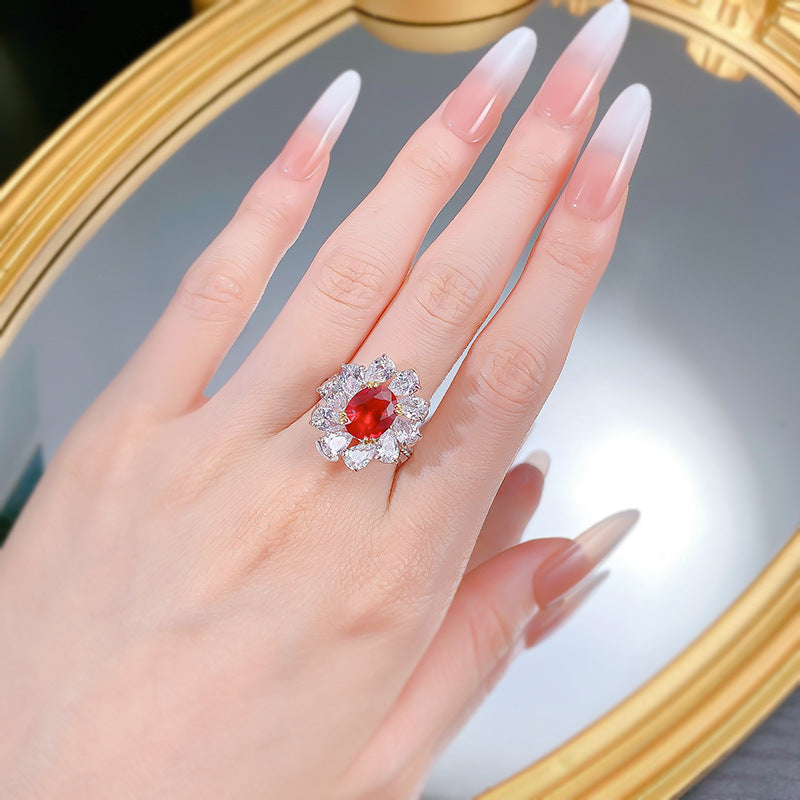 Vintage S925 Silver Ring | 8*10mm Egg-Shaped Ruby, Luxury Halo Setting
