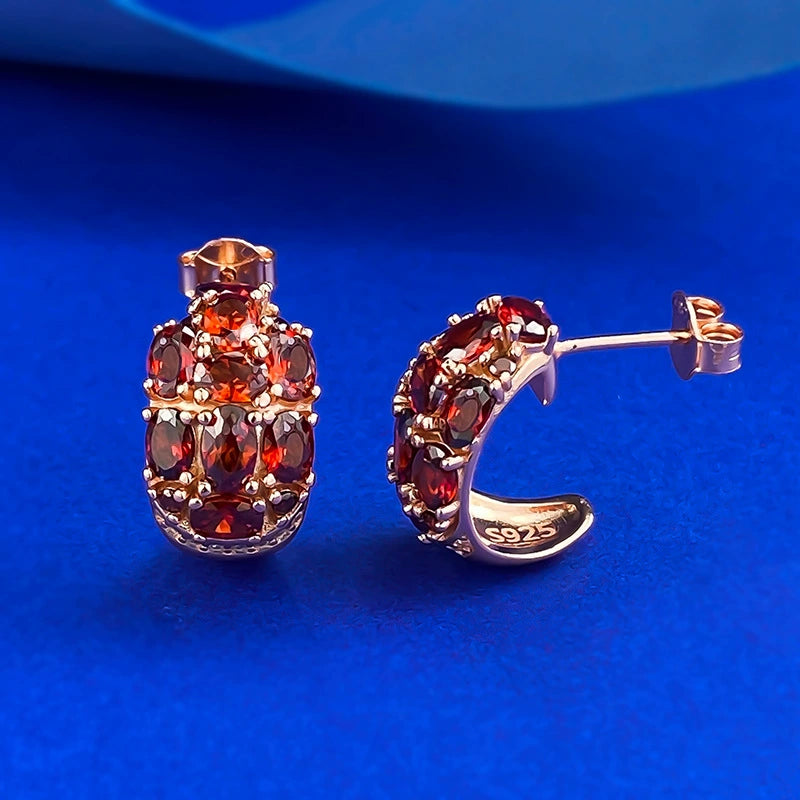 S925 Silver Garnet Red Stud Earrings, 3-Row Full CZ, Retro Statement Design