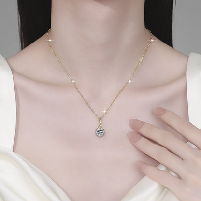Ricady Jewel 925 Silver 18K Plated Water Drop & Round Moissanite Pendant Necklace