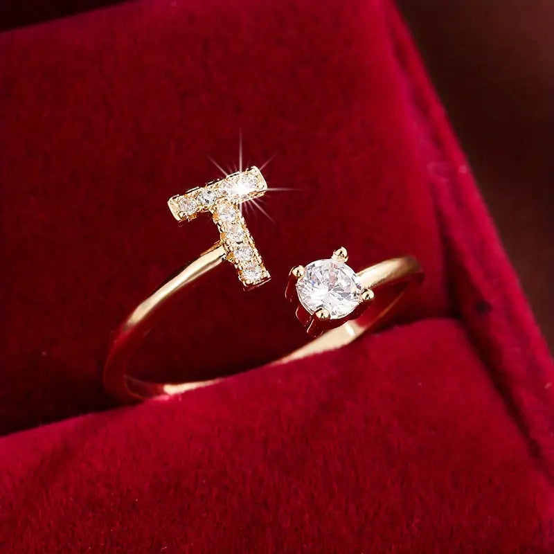 26 Letter Micro-Pave Zircon Ring for Women - 14K Gold Plated Copper Open Plain Band