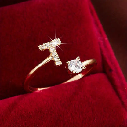 26 Letter Micro-Pave Zircon Ring for Women - 14K Gold Plated Copper Open Plain Band