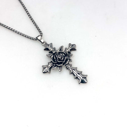 Punk Cross Flower Pendant Necklace in Titanium Steel - Long Chain