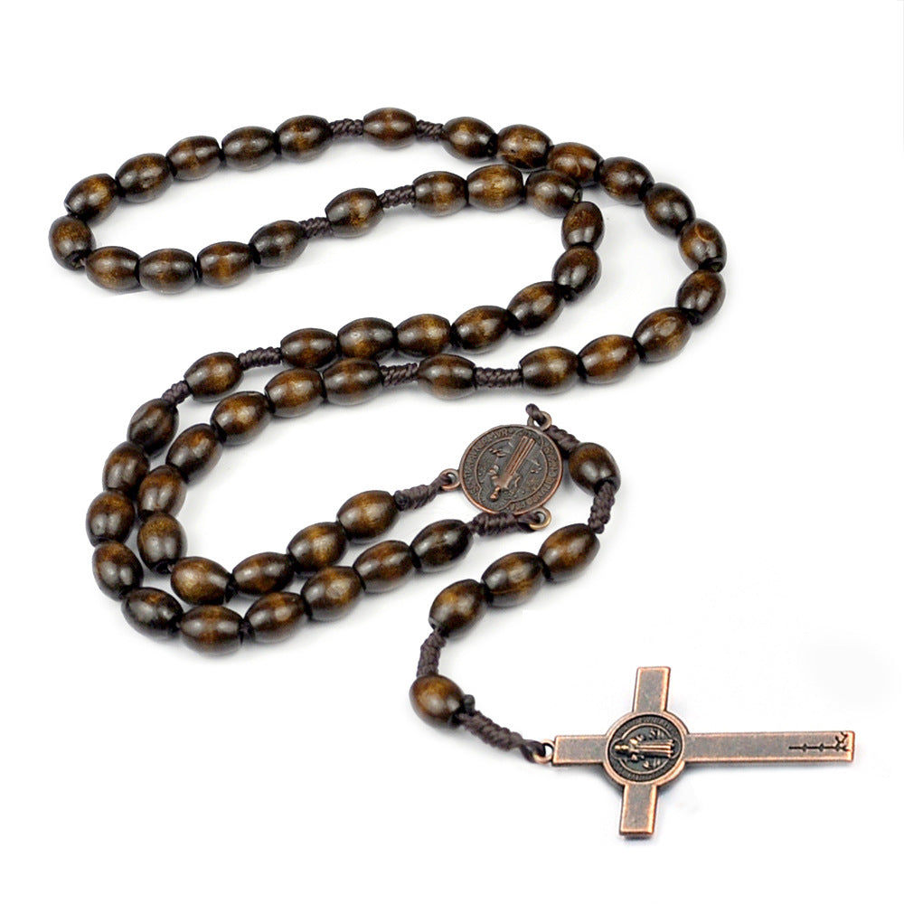 Handwoven Wood Cross Bead Necklace - Natural Artisan Design