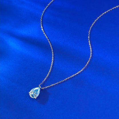 S925 Silver Ocean Blue Pear Pendant Necklace by Ricady - 7x10mm, Adjustable Bead Chain