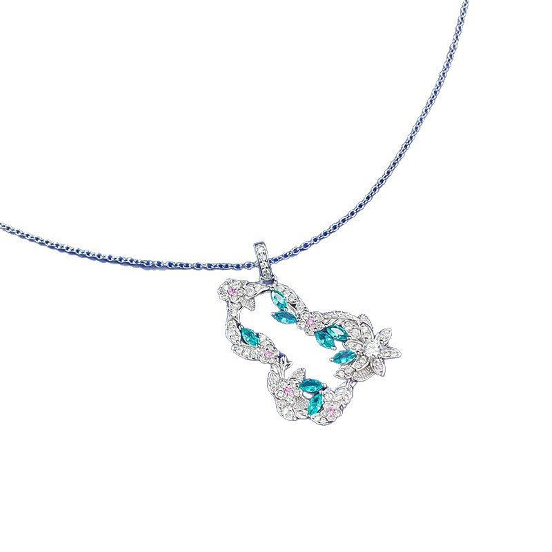 S925 Silver Vine Flower Gourd Necklace, Paraiba Style, Lucky Charm