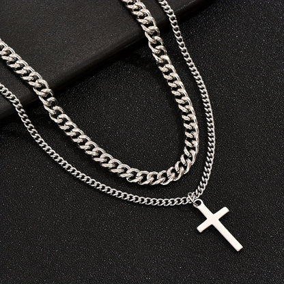 Layered Cross Pendant Necklace in Titanium Steel - European Style
