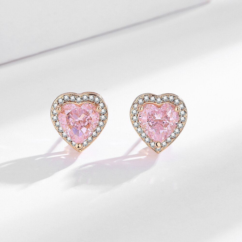 Pink Diamond Heart Zircon 4-Piece Jewelry Set: Bracelet, Ring, Necklace & Earrings for Women (Copper Plated Real Gold)