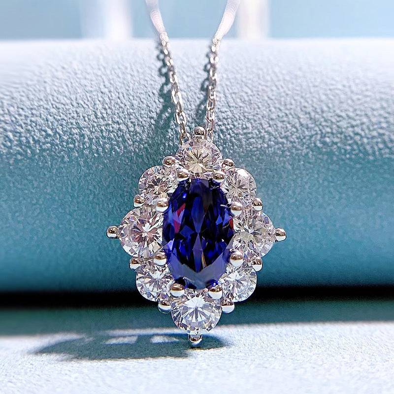 925 Silver Necklace with Sapphire Flower Pendant | 40+3cm Geometric Design