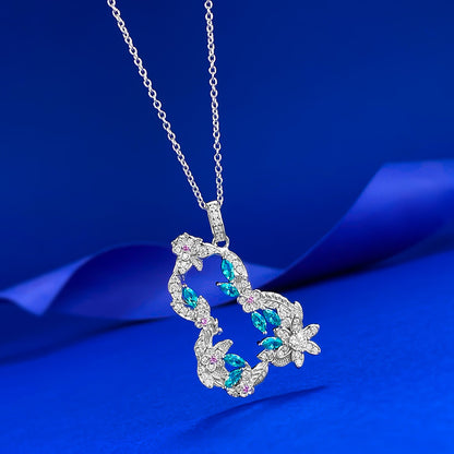 S925 Silver Vine Flower Gourd Necklace, Paraiba Style, Lucky Charm