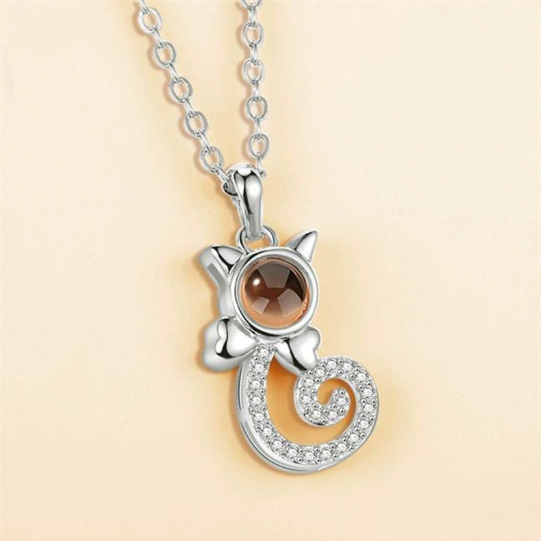 S925 Silver Cat Projection Necklace - 100 Languages "I Love You" Cartoon Pendant