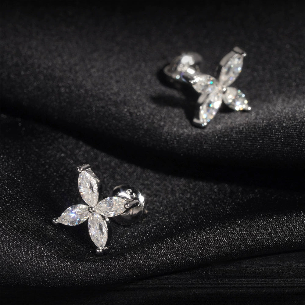 Marquise-Cut Moissanite Flower Stud Earrings in Sterling Silver for Women — Delicate Elegance