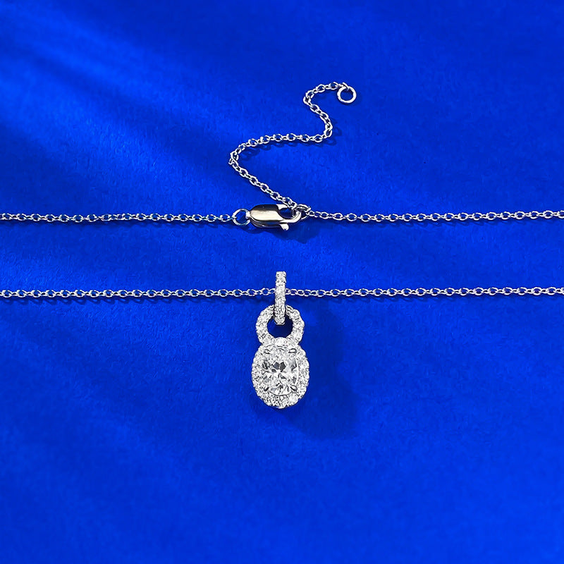 S925 Silver Oval White Diamond Lock Necklace, 1CT Classic Versatile