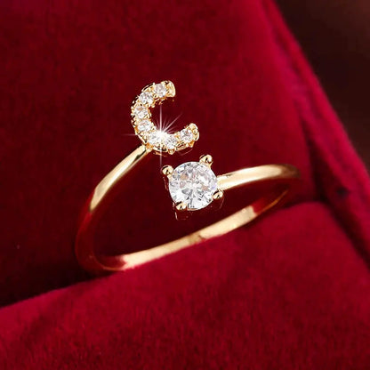 26 Letter Micro-Pave Zircon Ring for Women - 14K Gold Plated Copper Open Plain Band