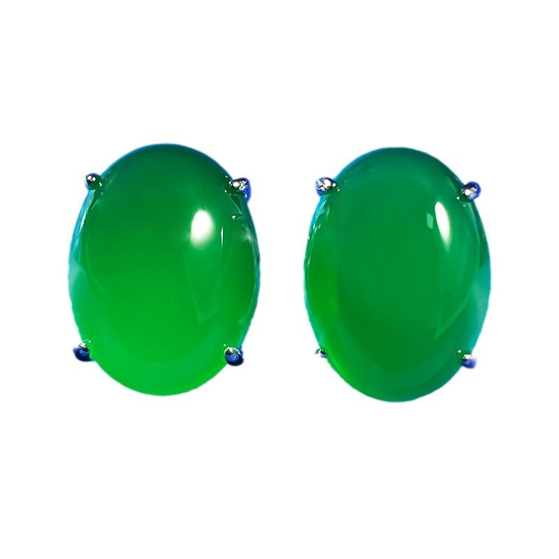 925 Silver Earrings with Full Diamond Inlay, 12*16 Simulated Chalcedony, Luxury Design