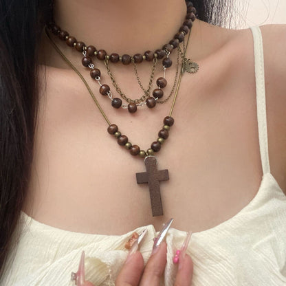 Wasteland Tribal Beaded Cross Necklace - Punk Layered Design