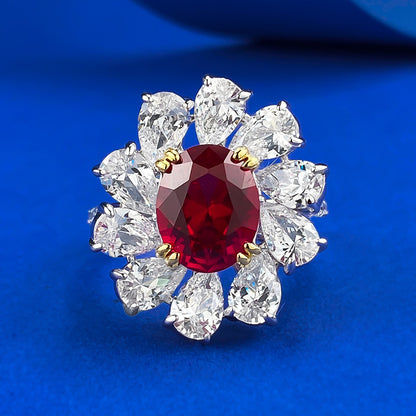 Vintage S925 Silver Ring | 8*10mm Egg-Shaped Ruby, Luxury Halo Setting