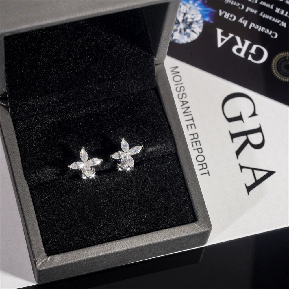 Marquise-Cut Moissanite Flower Stud Earrings in Sterling Silver for Women — Delicate Elegance