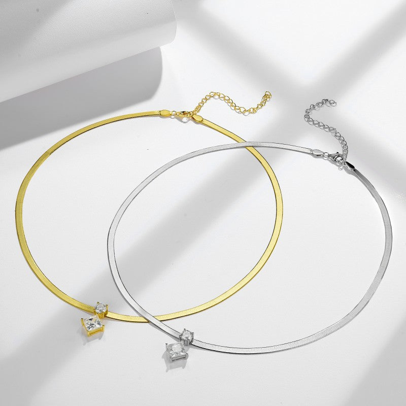 Ins Style 925 Silver Snake Chain Necklace with 1.5ct Princess Cut Moissanite for Women (Layerable)